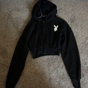 PLAYBOY Black Cropped Zip Hoodie with White Bunny Logo